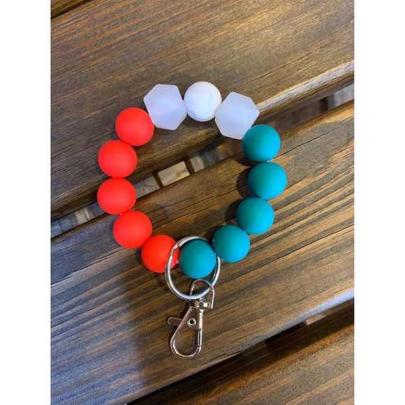 Circle Silicone Bead 15mm Wristlet Keychain Key Holder Colorful Turquoise Pink - Picture 1 of 5